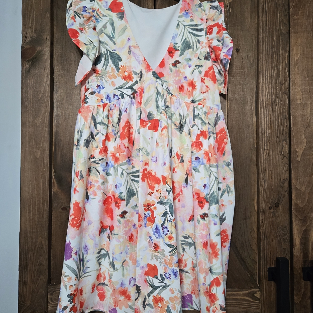 Floral V-Neck Girls' Dress - Coral & Pastel Floral